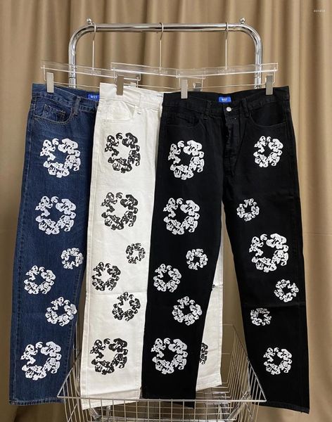 Jeans para hombres Negro Azul Blanco Puff Print Denim Hombres Mujeres Pantalones largos de calle de alta calidad