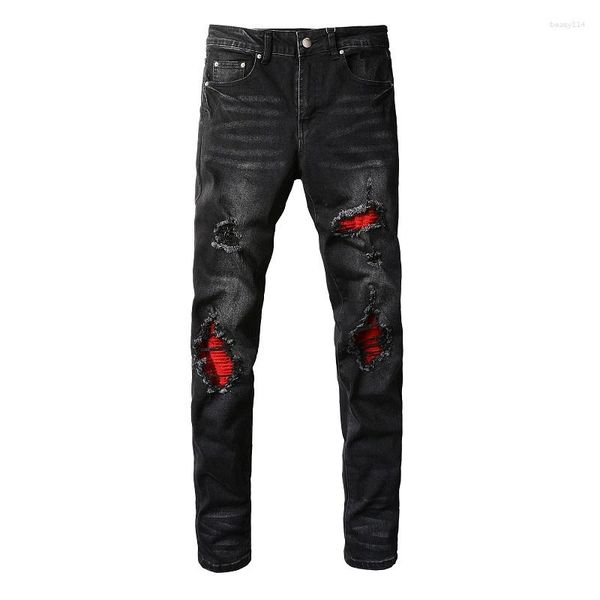 Jeans masculinos negros angustiados altos estiramientos delgados delgados dañados costillas rojas bigote rasgado