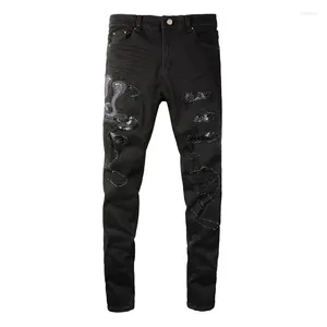 Herenjeans Zwart Distressed Snake Patches Italiaanse Drip Damaged Holes Slim Fit Stretch Gescheurd