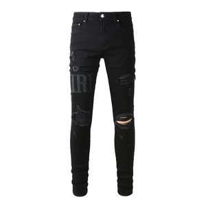 Jeans pour hommes noir en détresse Streetwear mode mince lettres brodées motif Patchwork endommagé maigre extensible déchiré 230619