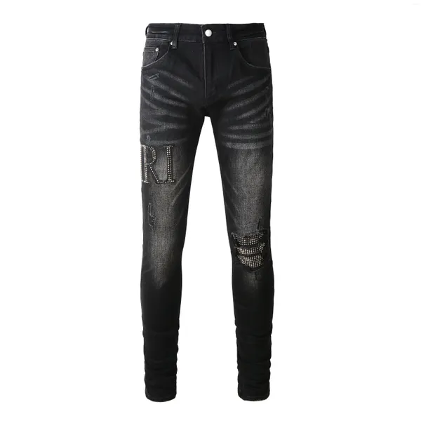 Jeans pour hommes noir en détresse streetwear mode lettres minces avec motif de diamant patchwork endommagé maigre stretch déchiré