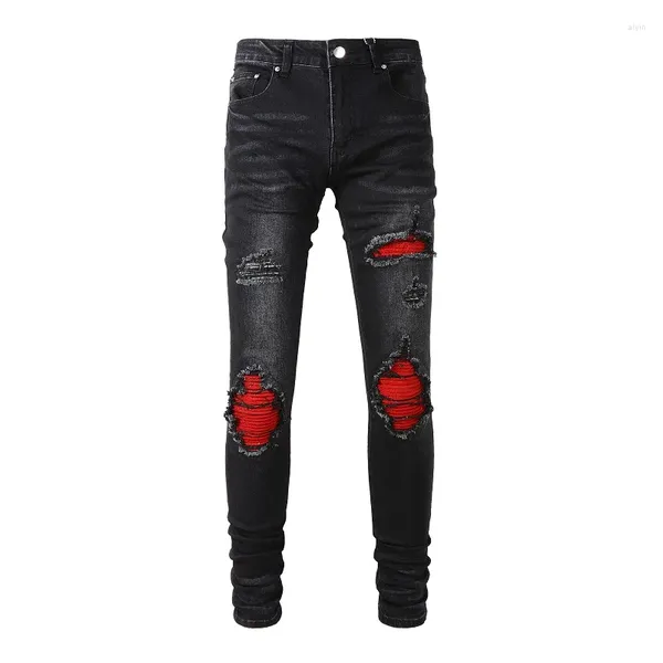 Jeans para hombres Black Distressed Street Style Red Bandana Ribs Patchwork Flaco Estiramiento Agujeros Slim Fit High Street Ripped