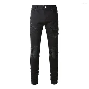 Jeans masculin noir Eu Drip High Street Slim Fit Troues en cuir Couptions en cuir Patchwork Stretch Ripped for Young Boy