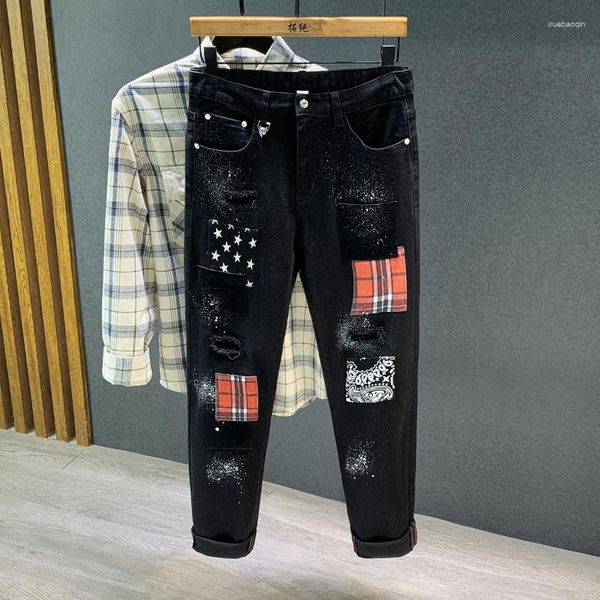 Jeans pour hommes noir mode Plaid Patchwork imprimé Hip Hop Punk Streetwear déchiré trou Patch Stretch Denim pantalon