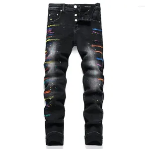 Jeans pour hommes Noir pour hommes Pantalon en denim déchiré imprimé Peinture Slim Fit Trou Hip Hop Streetwear Biker Baggy Vintage Y2k Pantalon