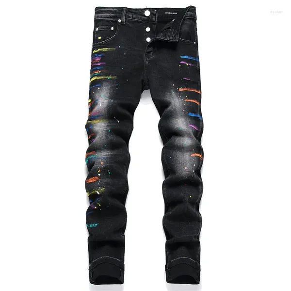 Jeans para hombres Negro para hombres Impreso Pantalones de mezclilla rasgados Pintura Slim Fit Hole Hip Hop Streetwear Biker Baggy Vintage Y2k Pantalones