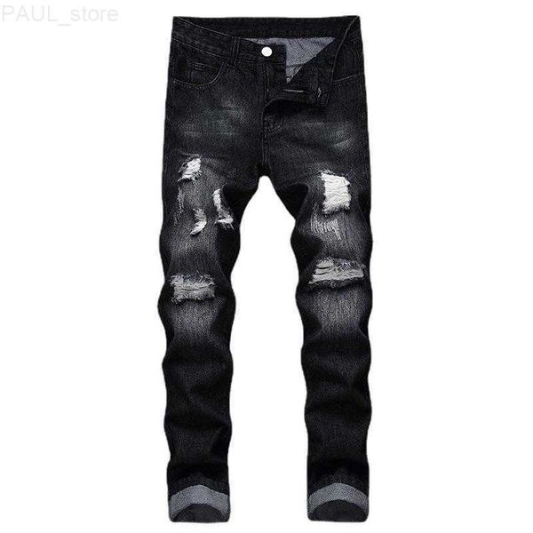 Jeans pour hommes trou noir Denim hommes Slim couleur unie blanchi déchiré pleine longueur pantalons décontractés Cowboy haute qualité mode L230731