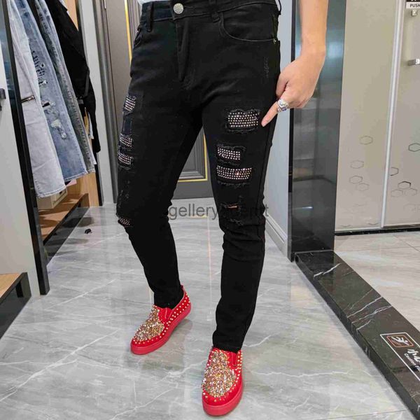 Jeans pour hommes Trou noir Jean Pantalon Strass Patchwork Collants déchirés Jean Hommes Marque européenne Jean Pantalon Hommes Slim Stretch Jean Denim Pantalon J230922