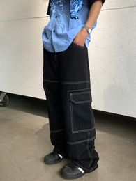 Herenjeans Zwart Multi Pocket Loose Wide Leg Jeans Y2K Casual Fashion Jeans Cargo Pants Side Large Pocket Street Men's Wear 230815