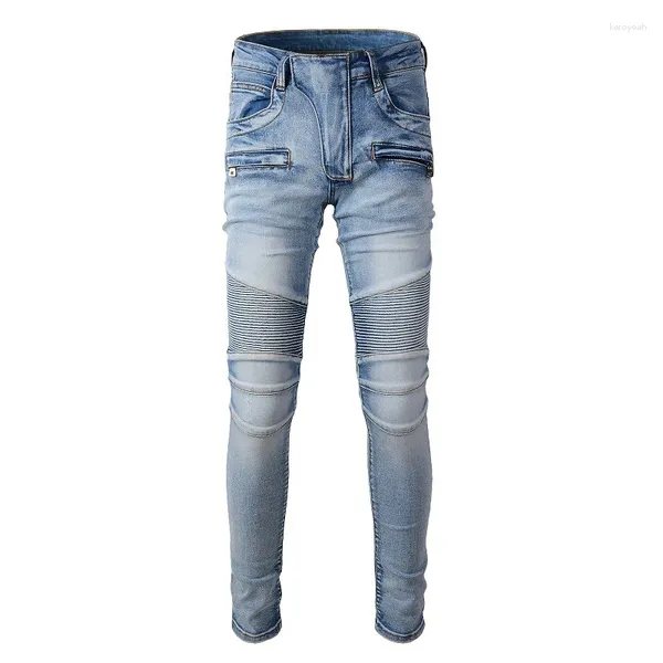 Jeans para hombres Black Multi-Bolsillo Streetwear Moda Parches delgados Biker plisado para hombres Motocicleta Flaco Estiramiento Pantalones rasgados