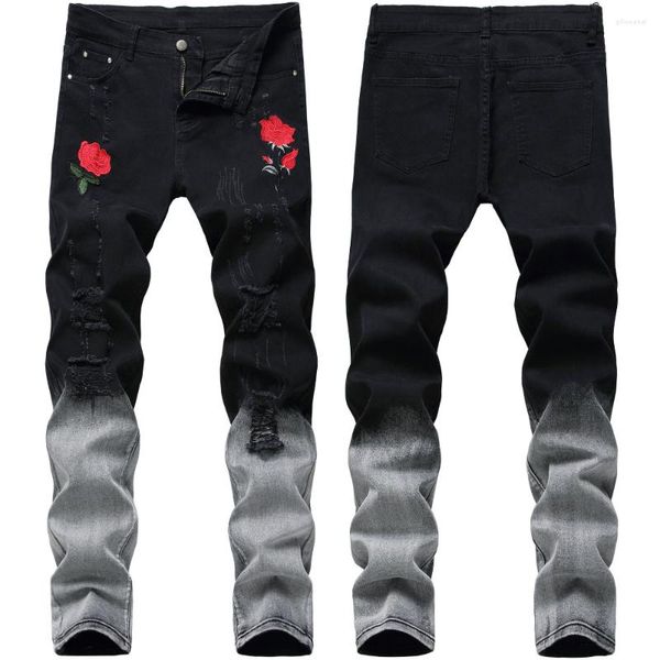 Jeans pour hommes Pantalon crayon noir Denim pour hommes Broderie Rose cassée Streetwear Mode Triusers pleine longueur