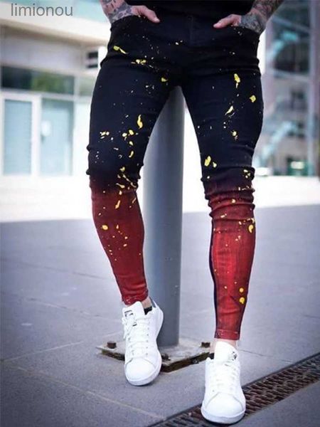 Jeans pour hommes Noir Rouge High Street Dégradé Hommes Hip Hop Peinture Jeans Denim Mode Biker Slim Fit Ripped Skinny Jeans Hommes Taille S-3XLL240119