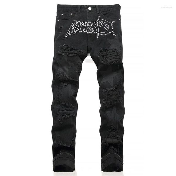 Jeans pour hommes Noir Ripped Applique Brodé Style Punk Mid-Rise Slim Crayon Pantalon Mode Streetwear