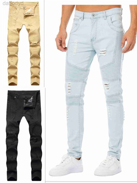 Jeans para hombres Black Skinny para hombres Biker Jean Slip Blue Khaki Destroyed Mens Slim Denim Straight Ins Ripped Ropa Pantalones 240305