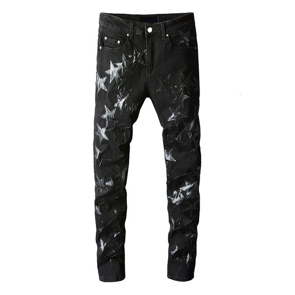 Pantalones vaqueros para hombre, color negro, ajustados, Streewear, a la moda, desgastados, ajustados, elásticos, bordados, de cuero, con diseño de estrellas, pantalones rasgados de retazos para hombre 230725