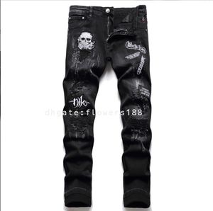 Jeans masculin Black Slim Skull Hole High Street Trendy Skinny Skinny Jeans de piste masculine jeans Saia Jeans Sales Men Jeans