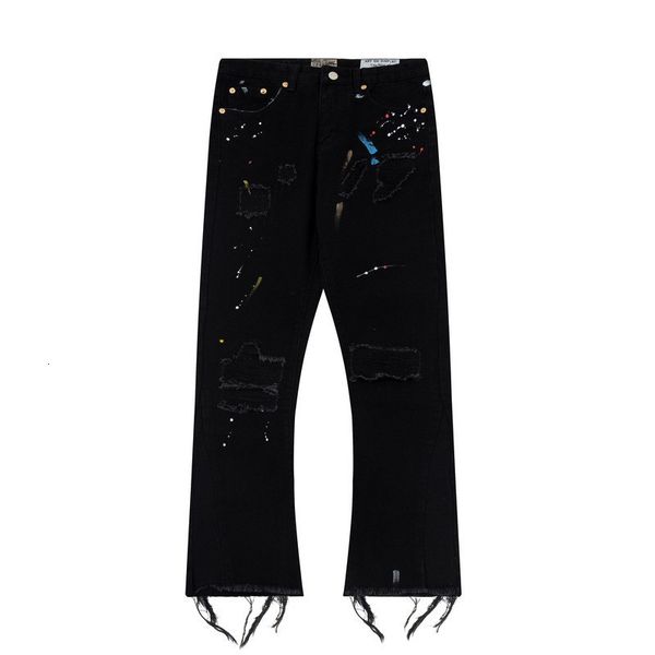 Jeans pour hommes Black Splash Ink Distressed Denim Pants Hip Hop Washed Destroyed Denim Jeans Street Wear Casual Graffiti Mens Jeans évasés 230803