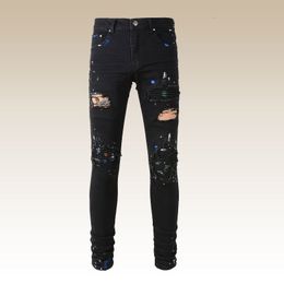 Jeans pour hommes Black Splash Ink Hombre Patch Biker Streetwear Ripped Denim Pant Old Wash Water Stretch Skinny Tapered Trouser 230301