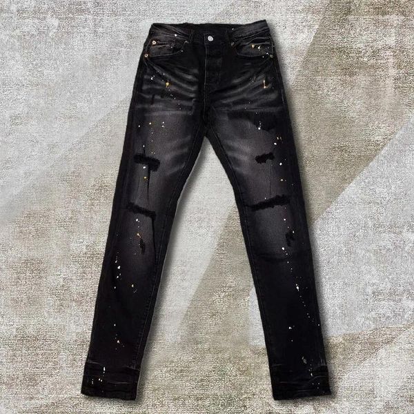 Jeans pour hommes Black Wash Water Stretch Jean Splash Ink Hommes Hombre Patch Biker Streetwear Ripped Denim Pantalon Skinny Pantalon effilé