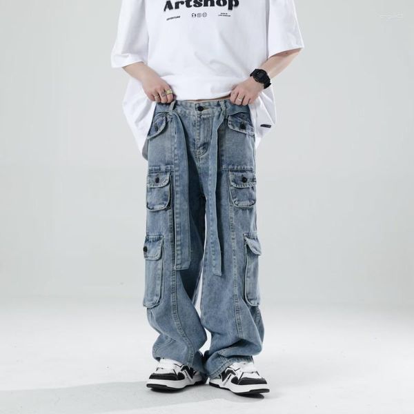 Jeans pour hommes bleu Baggy Cargo hommes mode rétro poche japonais Streetwear Hip-hop ample droite Denim pantalon hommes pantalons