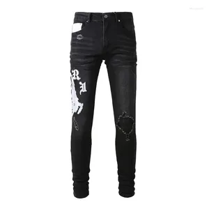 Jeans para hombres Azul Negro Letras Bordadas Pantalones Slim Distressed Agujeros Rasgados Skinny Streetwear Estilo Estiramiento