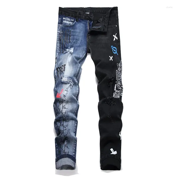 Jeans pour hommes Bleu Noir Patchwork High Street Beau Ripped Imprimer Slim Fit Élastique Mode Riveté Poche Denim Pantalon