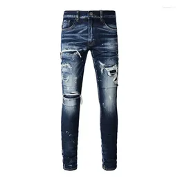 Jeans voor heren Blauw Distressed broek in streetwearstijl Bandana Ribbenpatches Stretchgaten Slim Fit High Street gescheurd