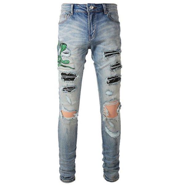 Jeans masculin Blue Fall Animal Snake broderie Patchwork Jeans Hombre Motorcycle Pantal