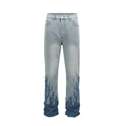 Men's Jeans Blue Flame Embroidery Patchwork Baggy Mens Pants Streetwear Vintage Washed Casual Denim Trousers Oversized Cargos