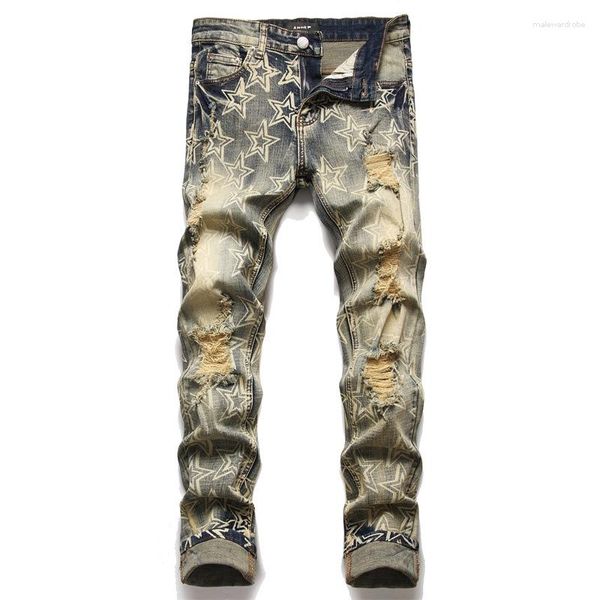 Pantalones vaqueros para hombre, azul degradado, gris, rasgados, para hombre, raspados, con estampado de estrellas, suave, informal, de algodón, tendencia, juventud, angustia, estiramiento, calle principal