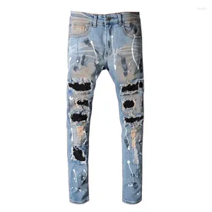 Jeans pour hommes Bleu High Street Trous Cristaux transparents Patchwork Stretch Slim Fit Strass Patchs En détresse Ripped Graffiti Hommes