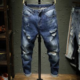 Jeans para hombres Blue Hole Biker Stretch Denim Destruido Diseño rasgado Moda Tobillo Pantalones Cremallera Flaco para hombres Tamaño 36 220923