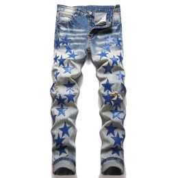 Heren jeans blauwe lederen patches streetwear verontrusten gescheurde stretch denim broek slanke taps toelopende broek 230320