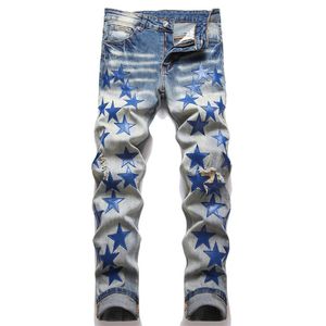 Pantalones vaqueros para hombre, parches de cuero azul, ropa de calle, pantalones vaqueros elásticos rasgados desgastados, pantalones cónicos delgados 230320