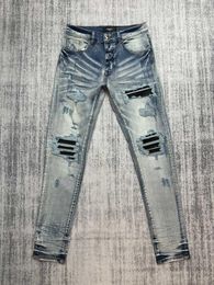 Jeans para hombres Pantalones de marca para hombre azul Hombres Elásticos Ripped Skinny Biker Bordado Impresión Destruido Agujero Grabado Slim Fit Denim