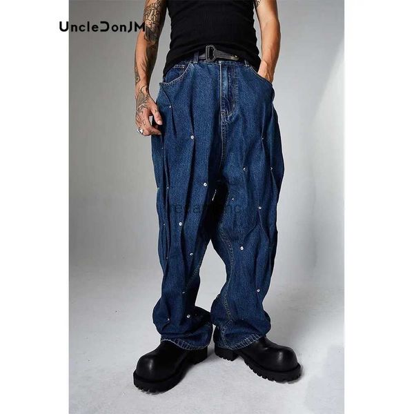 Herren-Jeans, blaue Nieten, handgefertigte Falten-Jeans, schwere Baggy-Jeans, Hip Hop, Y2k-Herren-Jeans, Denim, hohe Qualität, originelles Design, YQ231102