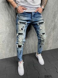 Jeans pour hommes Bleu Skinny Jeans pour hommes peint Stretch Slim Fit déchiré en détresse plissé genou Patch Denim pantalon marque pantalon décontracté L231129