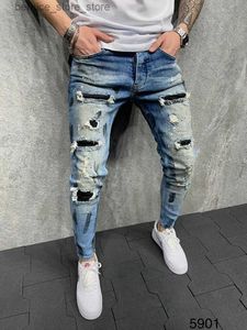 Jeans pour hommes Bleu Skinny Jeans pour hommes peint Stretch Slim Fit déchiré en détresse plissé genou Patch Denim pantalon marque pantalon décontracté mâle Q231213