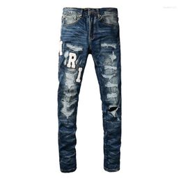 Jeans pour hommes Bleu Slim Fit Style Streetwear Coloré Bandana Patchwork Pantalon Skinny Stretch High Street Ripped