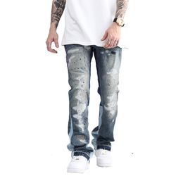 Jeans masculinos azul mancha tinta lavada destruída flared jean calças hip hop graffiti rasgado denim para homens streetwear vintage largo 230912