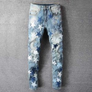 Jeans para hombre Blue Star Hole Stacked Stitching Feet Pantalón de motocicleta Patchwork Jean Korean High Street Fashion Graphic Y2303