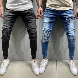 Jeans pour hommes Blue Stretch Denim Patch Ripped Skinny Slim Mode Streetwear Personnalité Ridée