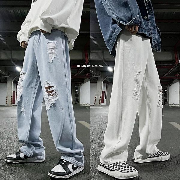 Jeans pour hommes Bleu / Blanc / Noir Déchiré Hommes Mode Casual Baggy Droite Hommes Streetwear Lâche Hip Hop Trou Denim Pantalon M-2XLMen's