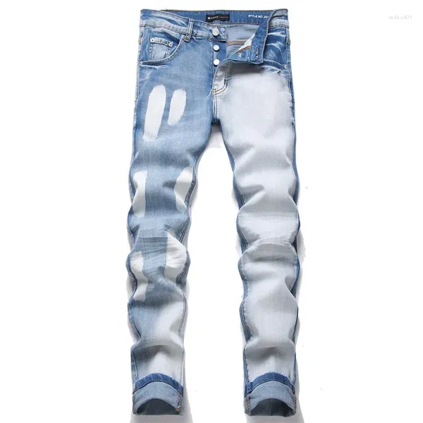 Jeans Para Hombre Azul Blanco Calle Color A Juego Cintura Media Estiramiento Estilo Punk Ropa De Mezclilla