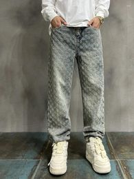 Jeans voor heren Boliyae Amerikaanse retro jacquard losse rechte denim broek voor heren met wijde pijpen High Street Y2K mode streetwear wijde broek