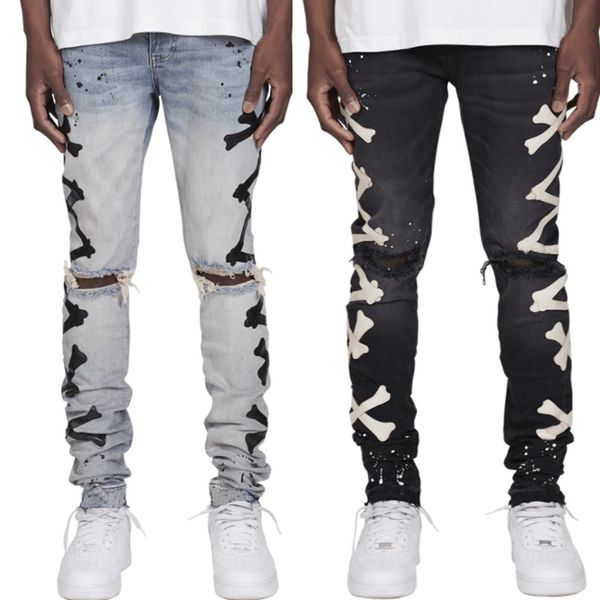 Jeans pour hommes motif d'os Patchwork Jean Hombre pantalon de moto automne Streetwear déchiré Jean Noir Homme pantalon à glissière pour hommes