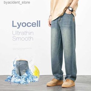 Jeans pour hommes marque vêtements printemps été confortable doux Lyocell tissu hommes jean ample jambe large pantalon taille élastique pantalon décontracté grande taille L240313