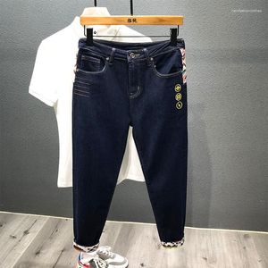 Pantalones vaqueros de marca para hombre, ropa de moda para hombre, bordado Delgado, ropa informal japonesa sencilla, pantalones Cargo de mezclilla azul marino