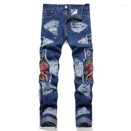 Jeans pour hommes Marque Conception originale Broderie Grand trou Patch Bleu Noir Casual Inélasticité Droite Slim Fit Denim Pantalon