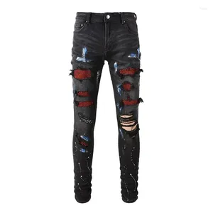 Jeans pour hommes Type de marque Noir Homme Peint à la bombe Designer High Street Strass Patché Taille basse déchiré